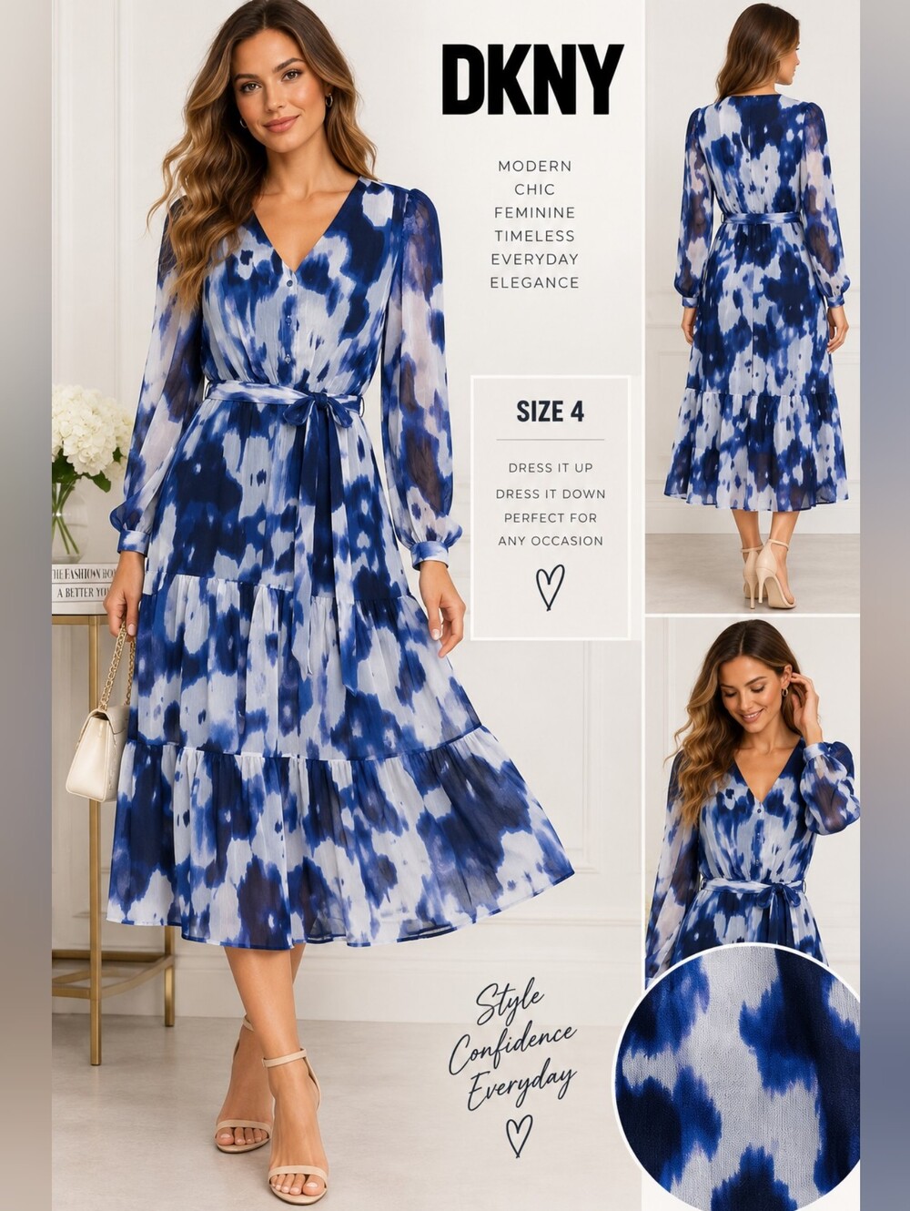 DKNY Blue Tie-Dye V-Neck Tiered Midi Dress